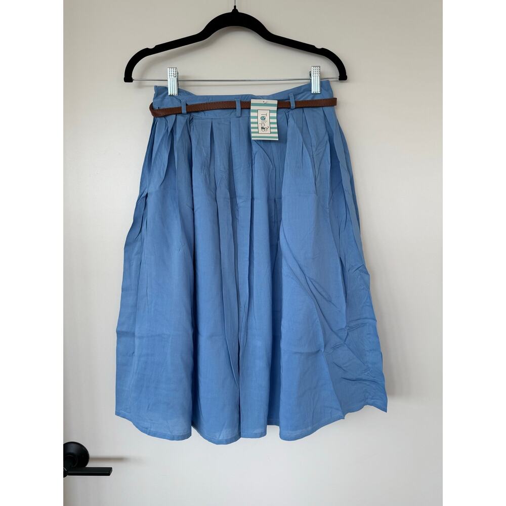 Tulip B Blue Pleated Midi Skirt Belt Pockets Lined Size Medium NEW - Picture 2 of 9